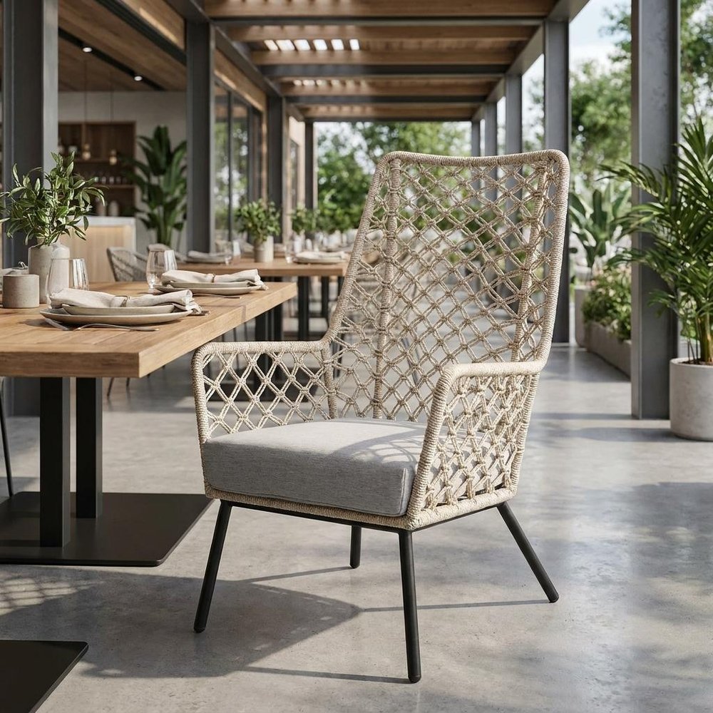 26" Gray Metal Outdoor Dining Chair with Gray Cushion