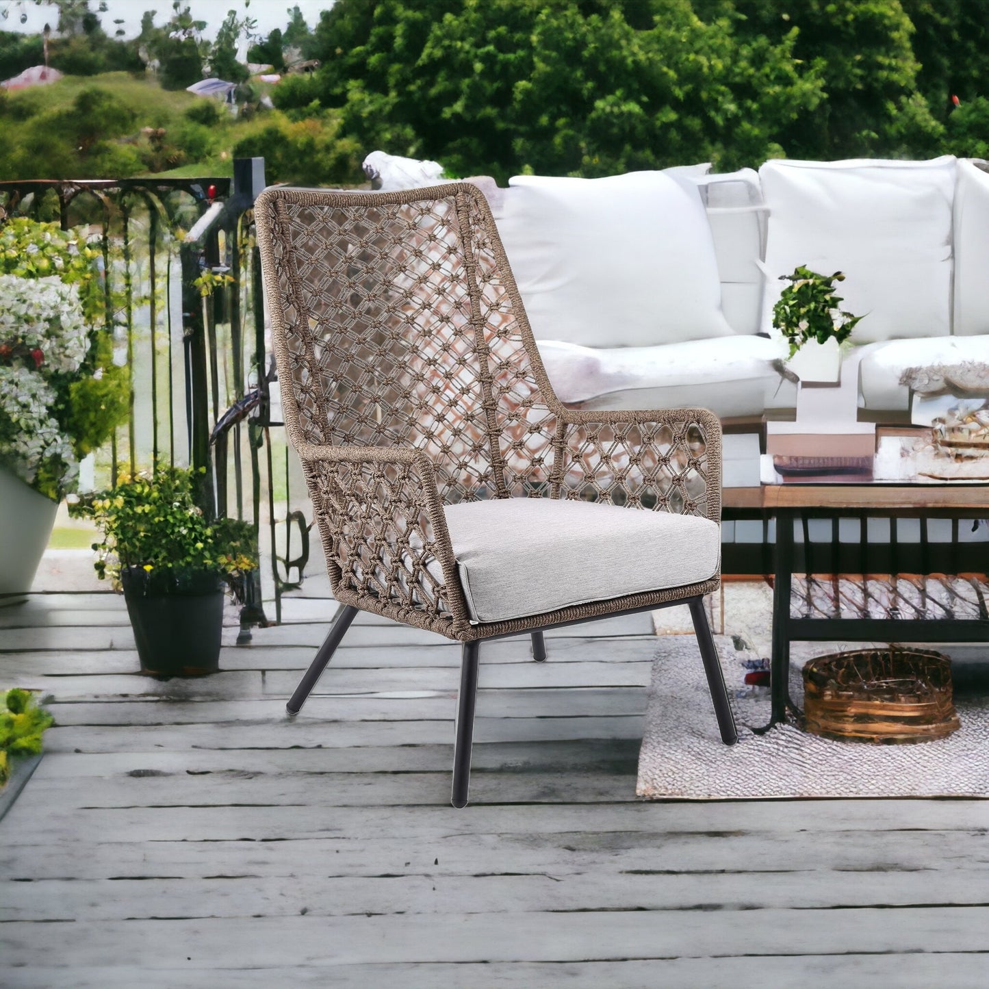 26" Gray Metal Outdoor Arm Chair with Gray Cushion