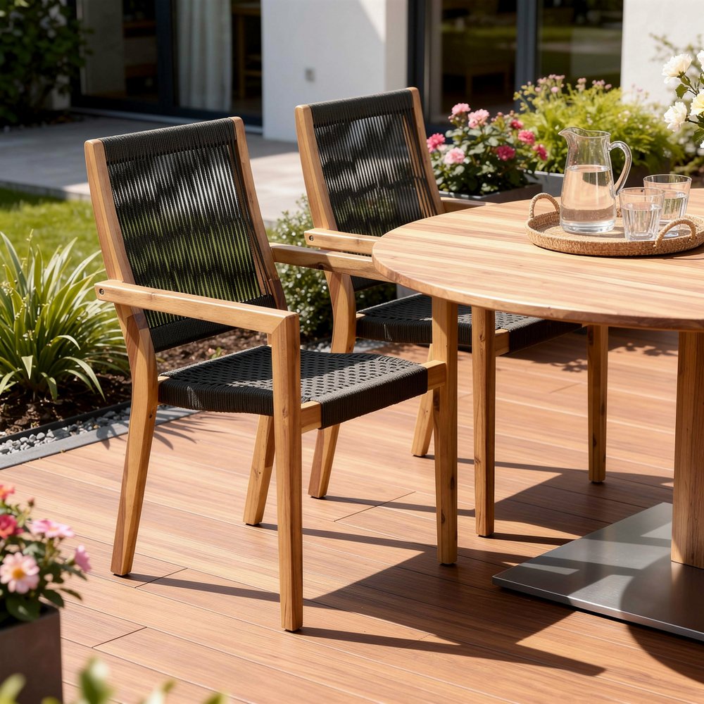Set of Two 23" Charcoal and Natural Wood Solid Wood Outdoor Arm Chair