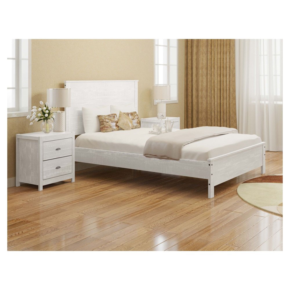 White Shiplap Texture Distressed Solid Wood Queen Bed Frame