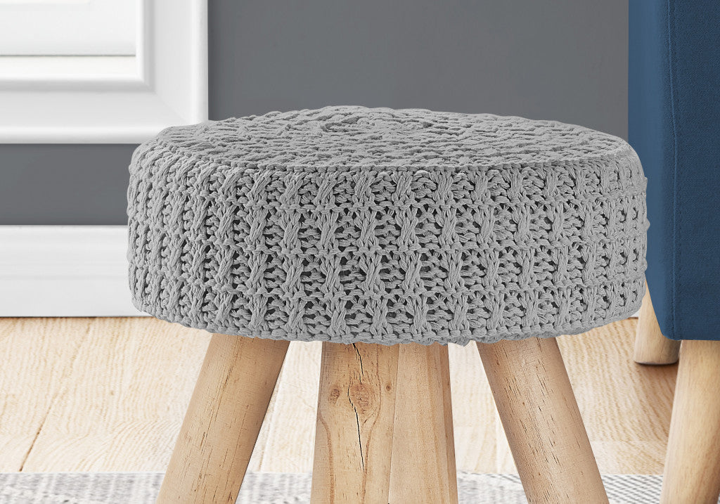 12" Gray Cotton Blend And Natural Round Ottoman