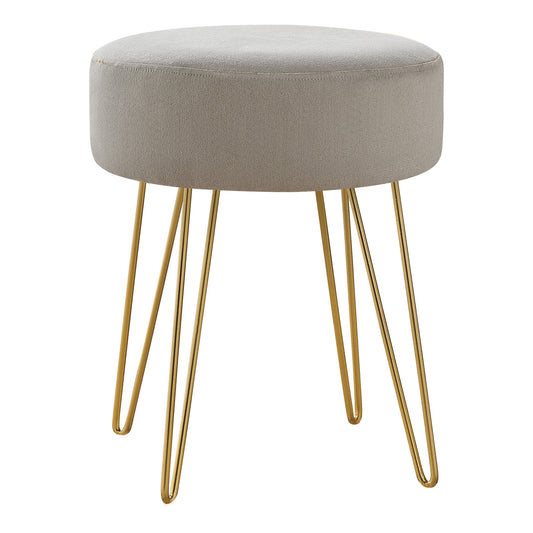 14" Beige Velvet And Gold Round Ottoman