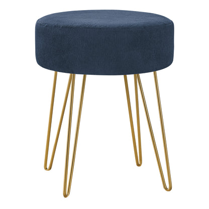 14" Blue Velvet And Gold Round Ottoman