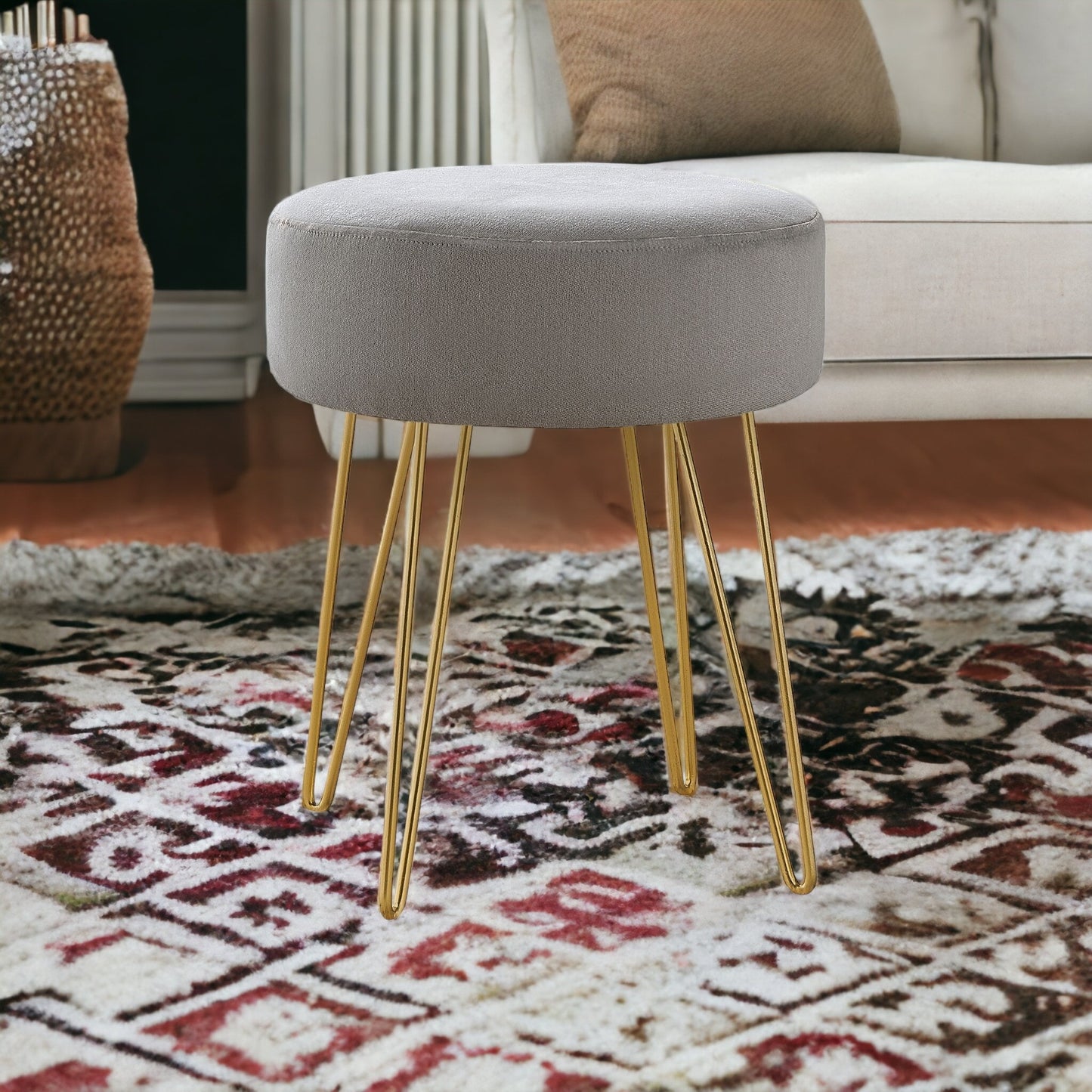 14" Gray Velvet And Gold Round Ottoman