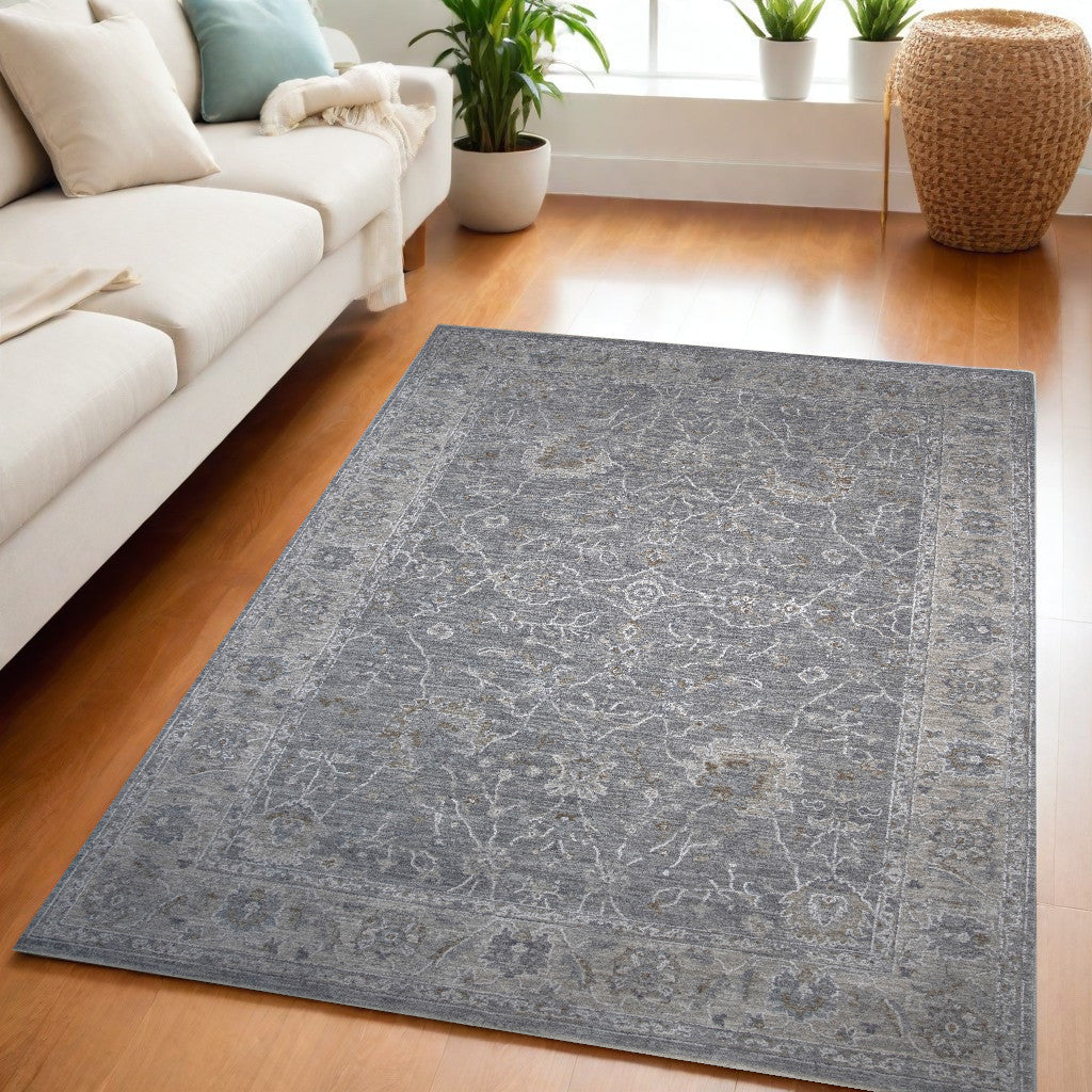 5' X 7' Blue Gray Southwestern Floral Area Rug