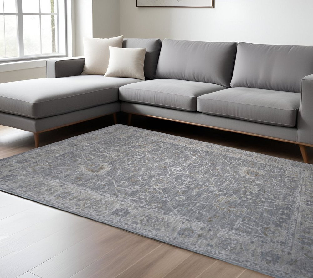 9' X 12' Blue Gray Southwestern Floral Stain Resistant Area Rug