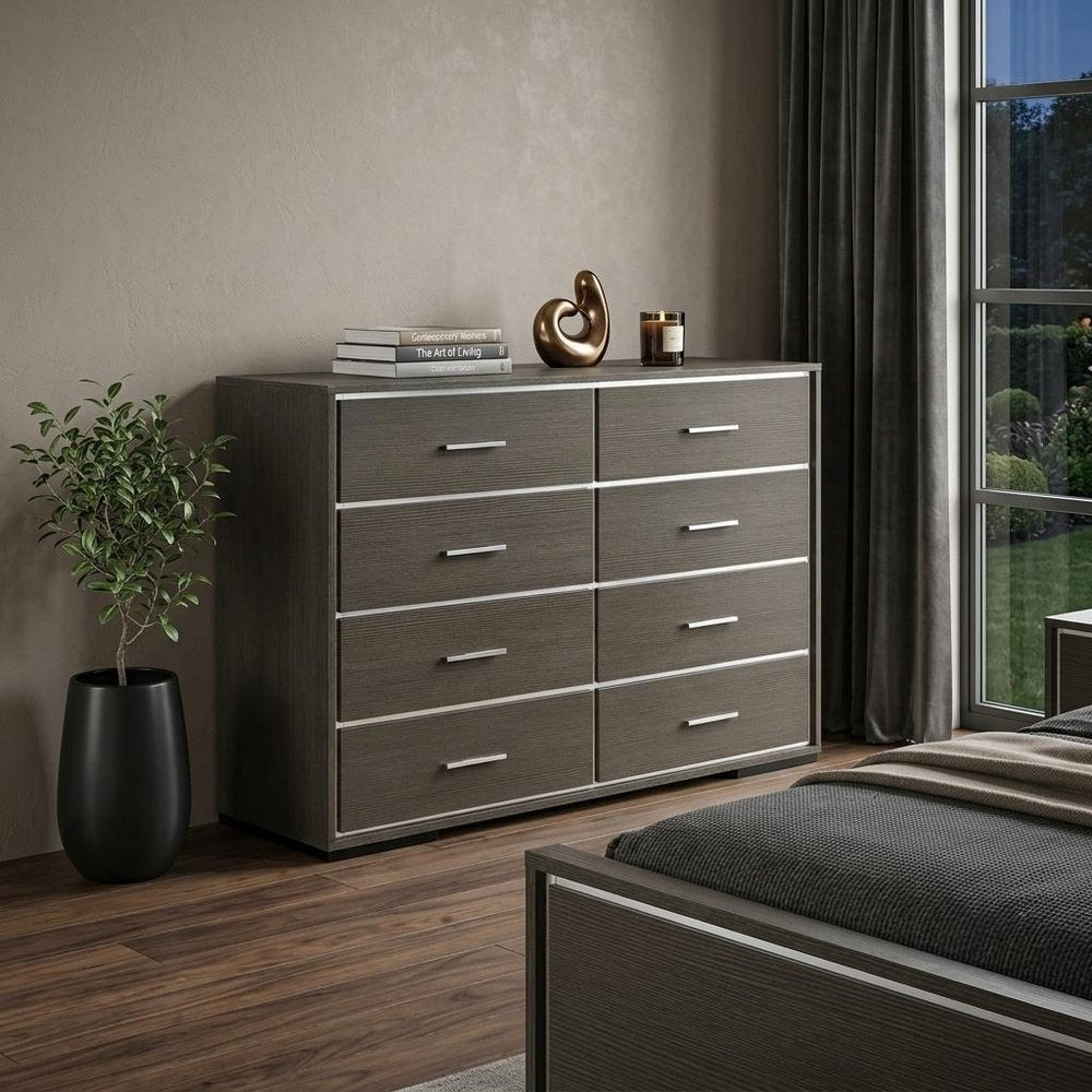 57" Gray Wood Eight Drawer Double Dresser