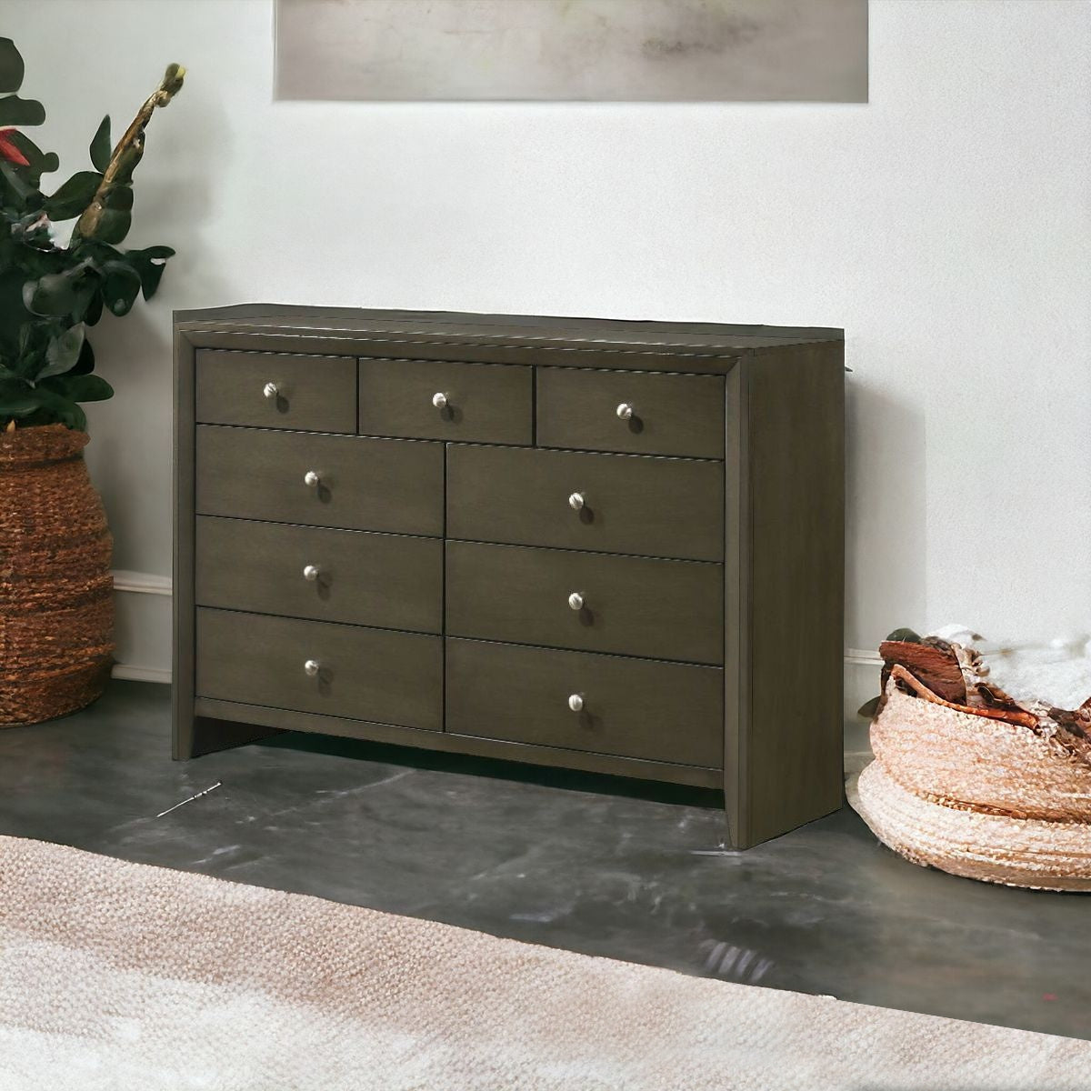 55" Gray Solid and Manufactured Wood Nine Drawer Triple Dresser