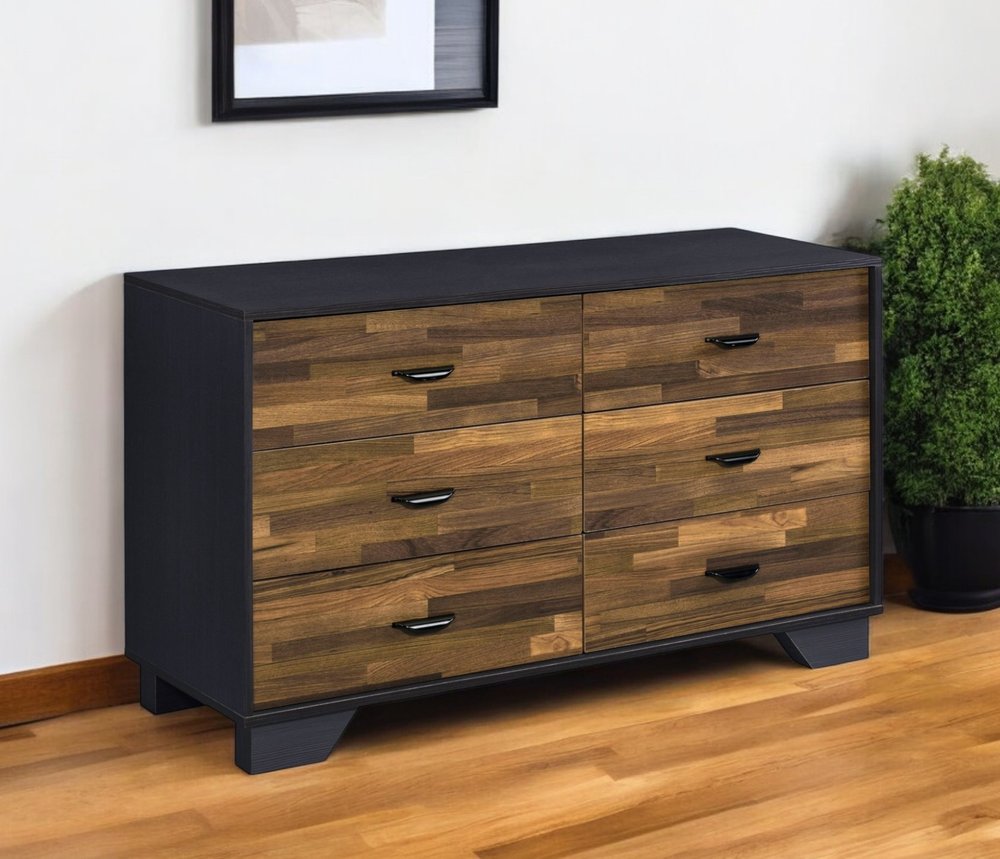 47" Walnut Black And Finish Manufactured Wood Six Drawer Double Dresser