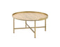 34" Oak and Gold Wood And Metal Round Sled Coffee Table