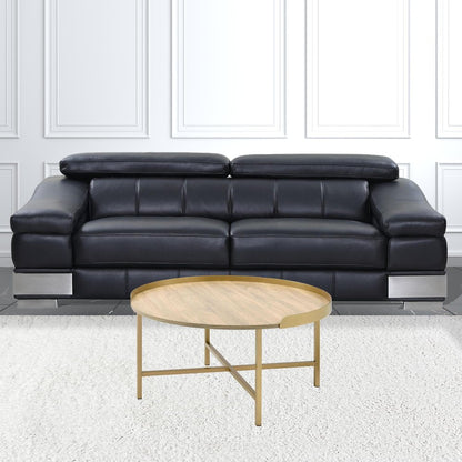 34" Oak and Gold Wood And Metal Round Sled Coffee Table