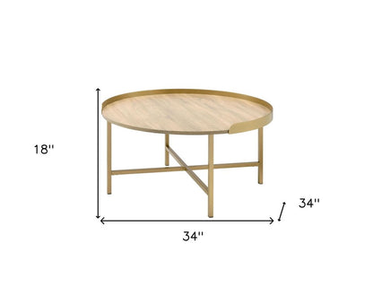 34" Oak and Gold Wood And Metal Round Sled Coffee Table