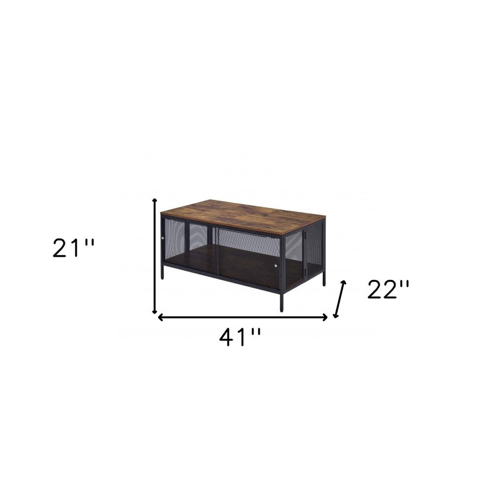 41" Brown and Black Wood And Metal Frame Coffee Table With Shelf