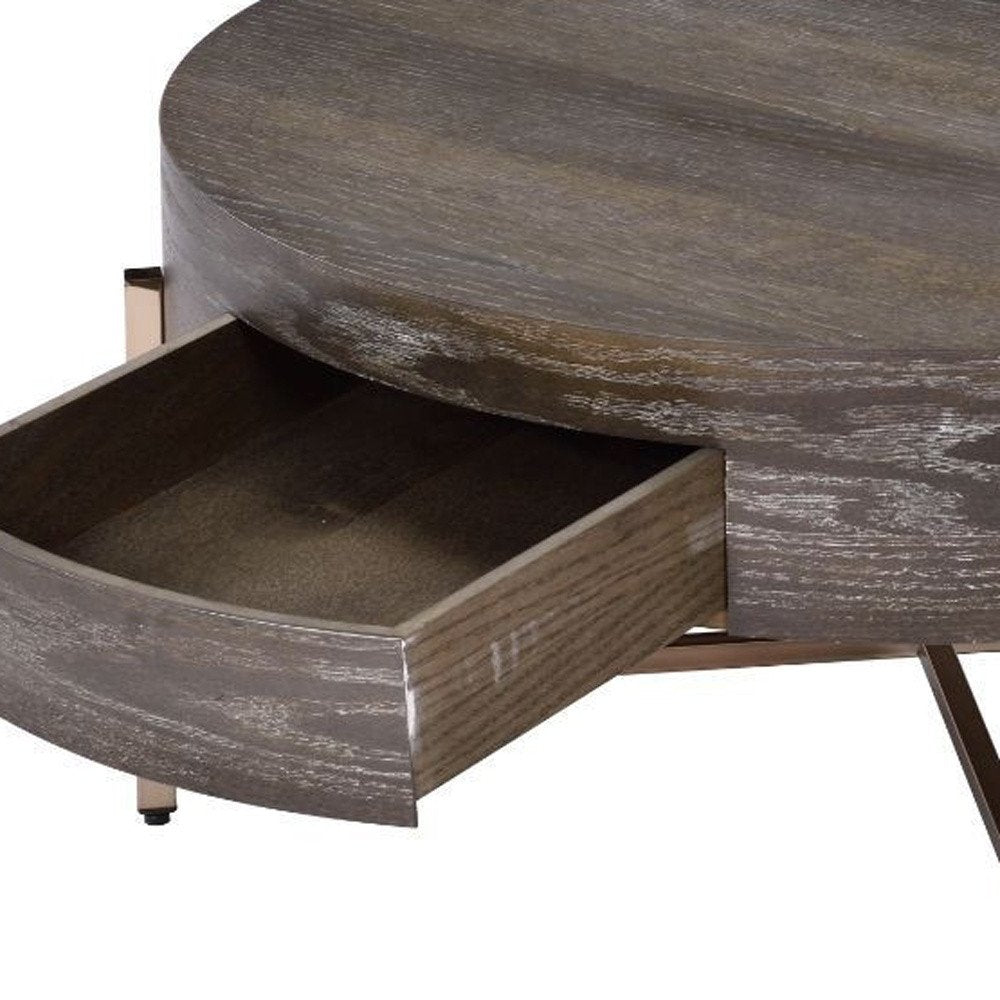 32" Dark Brown and Champagne Wood And Metal Round Sled Coffee Table With Drawer