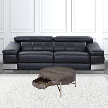 32" Dark Brown and Champagne Wood And Metal Round Sled Coffee Table With Drawer