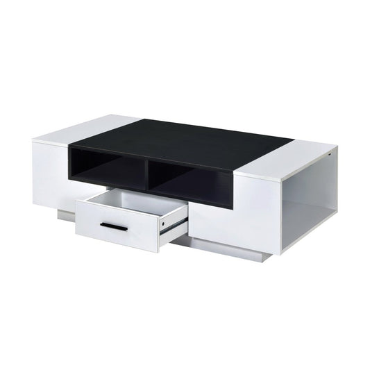 47" Black and White Wood Floor Shelf Coffee Table With Drawer And Three Shelves
