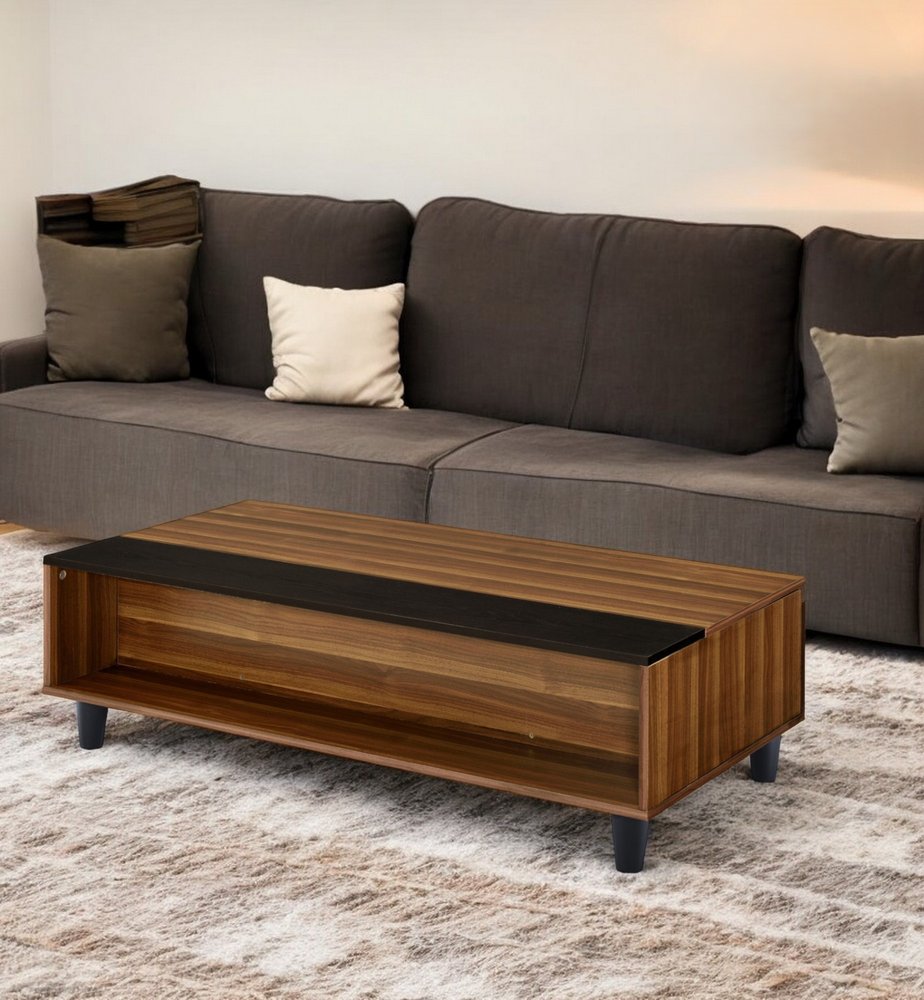 47" Brown and Black Wood Lift Top Coffee Table With Shelf