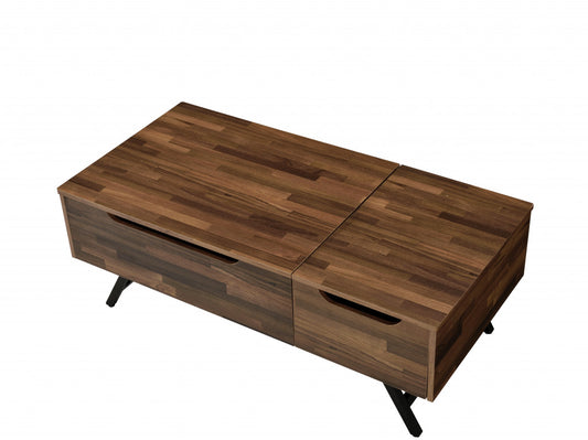 48" Brown And Black Metal Lift Top Coffee Table With Two Drawers