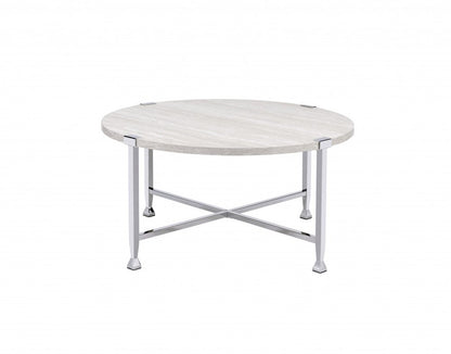 36" White and Silver Metal Round Cross Legs Coffee Table
