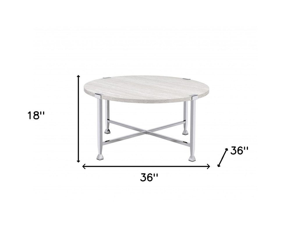 36" White and Silver Metal Round Cross Legs Coffee Table