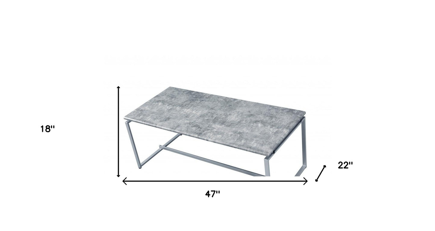 47" Silver And Faux Concrete Pvc Veneer Rectangular Coffee Table