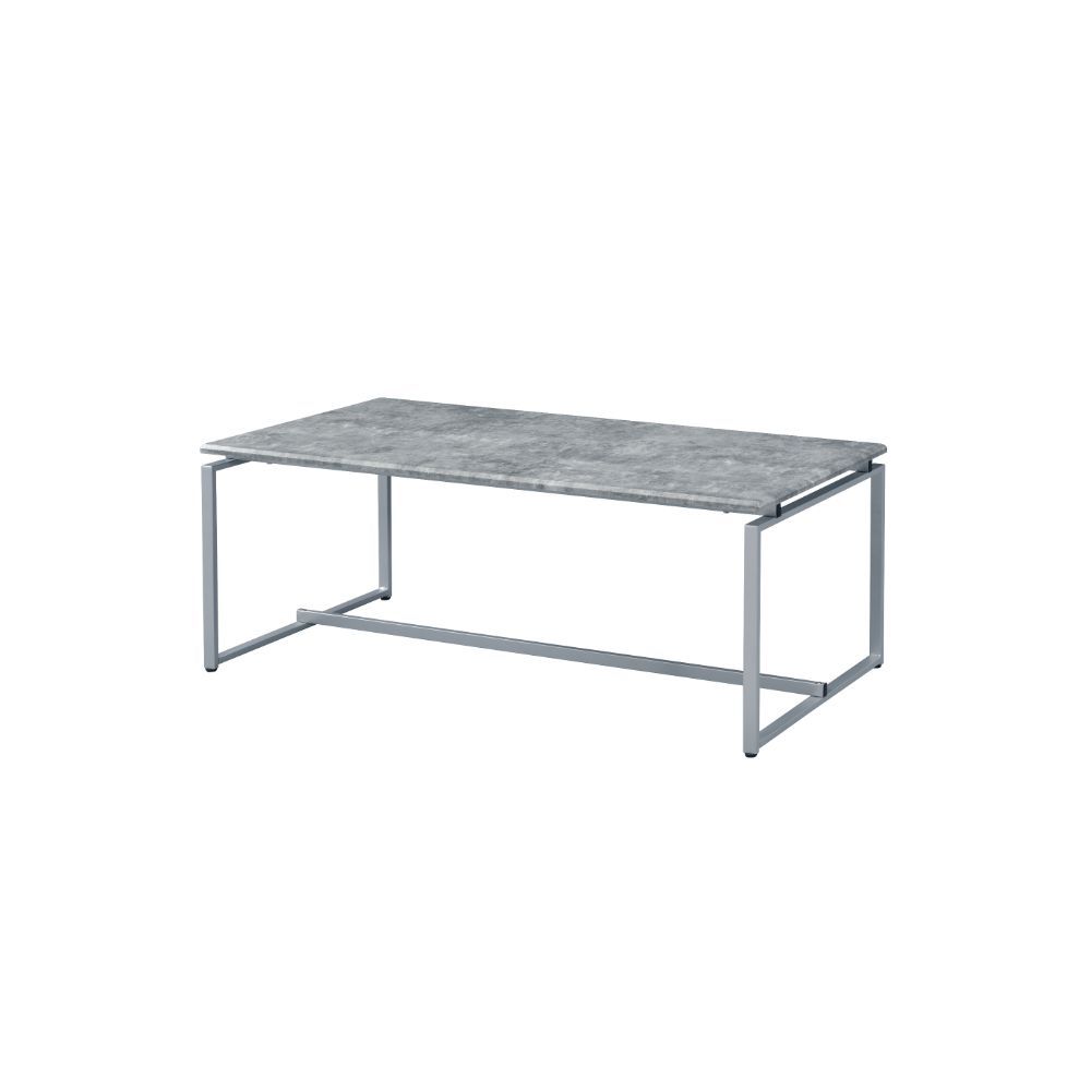 47" Silver And Faux Concrete Pvc Veneer Rectangular Coffee Table