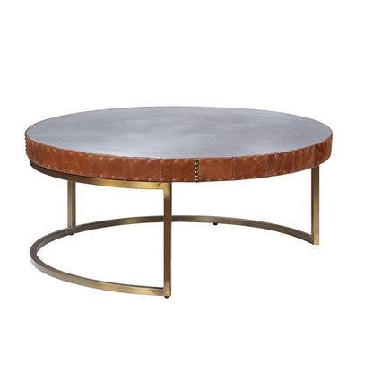 36" Brown and Silver Genuine Leather And Metal Round Frame Coffee Table