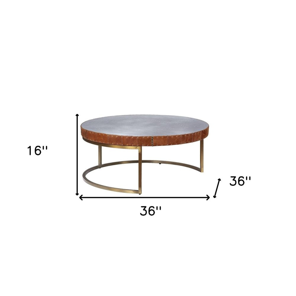 36" Brown and Silver Genuine Leather And Metal Round Frame Coffee Table