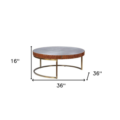 36" Brown and Silver Genuine Leather And Metal Round Frame Coffee Table