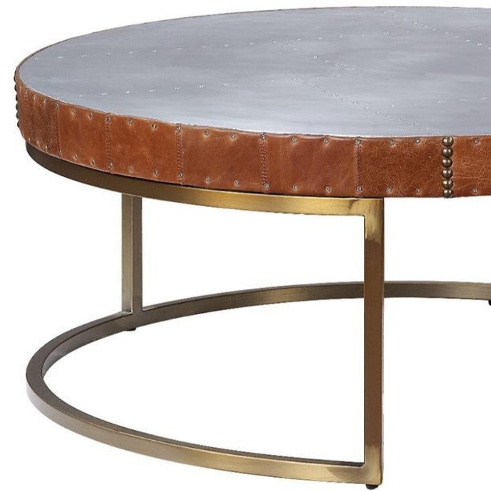 36" Brown and Silver Genuine Leather And Metal Round Frame Coffee Table