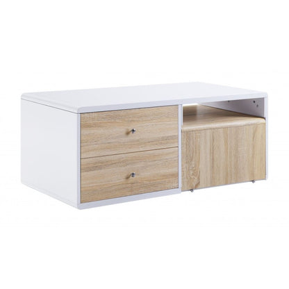 47" White and Natural Wood Frame Coffee Table With Two Drawers