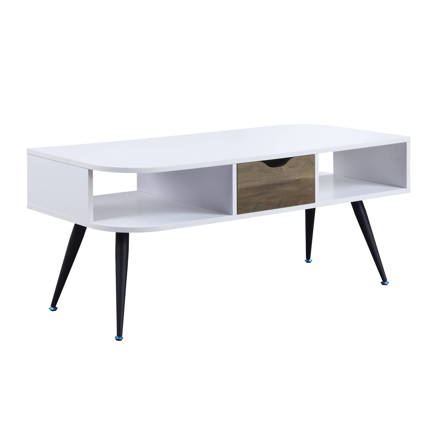 44" Black And White Melamine Veneer And Metal Rectangular Coffee Table With Drawer And Shelf