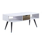 44" White and Black Melamine Veneer And Metal Coffee Table With Drawer And Shelf