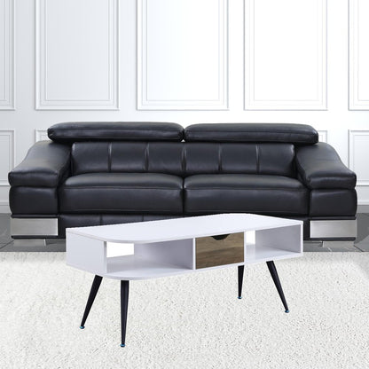 44" White and Black Melamine Veneer And Metal Coffee Table With Drawer And Shelf
