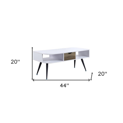 44" White and Black Melamine Veneer And Metal Coffee Table With Drawer And Shelf