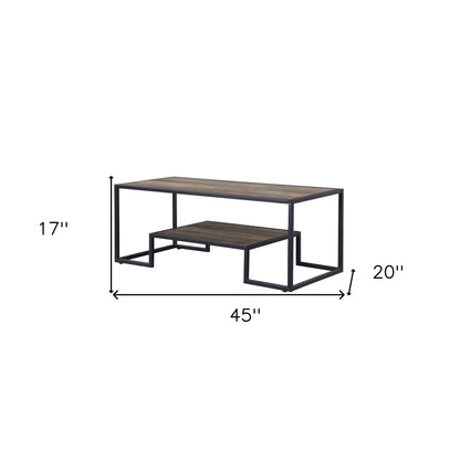 45" Black And Rustic Oak Paper Veneer And Metal Rectangular Coffee Table With Shelf