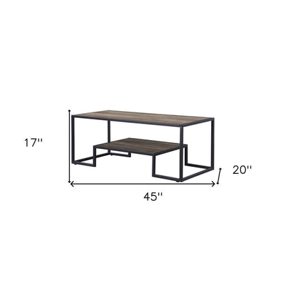 45" Brown and Black Metal Sled Coffee Table With Shelf
