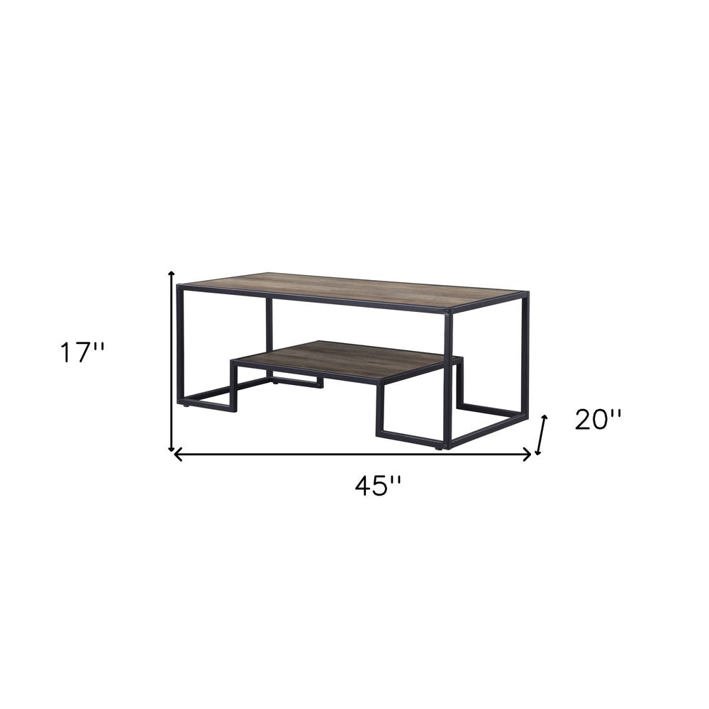 45" Brown and Black Metal Sled Coffee Table With Shelf