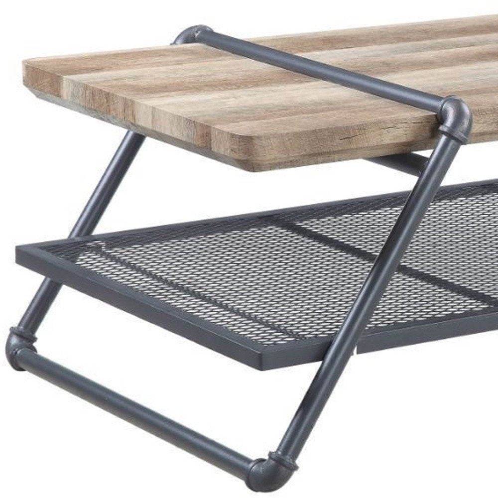 47" Natural and Gray Metal Sled Coffee Table With Shelf