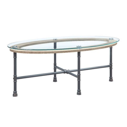 47" Sandy Gray And Clear Glass And Metal Oval Coffee Table