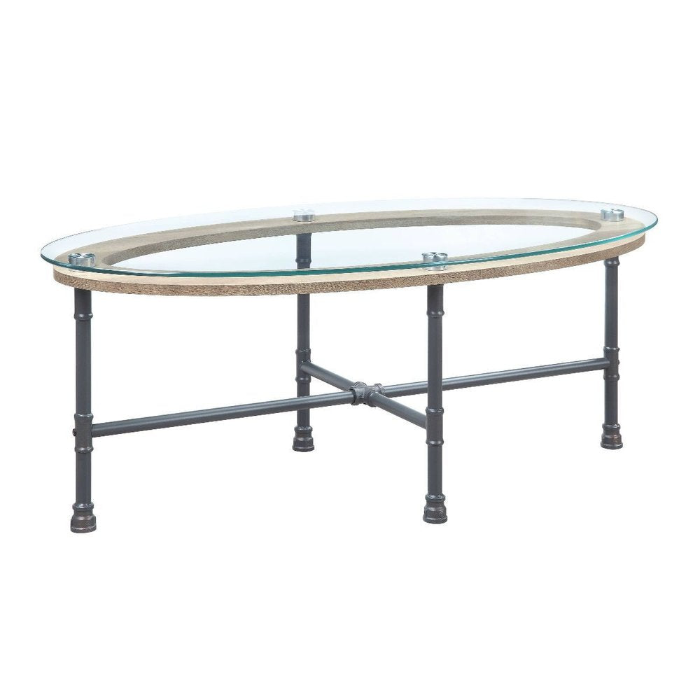 47" Clear and Gray Glass And Metal Oval Sled Coffee Table