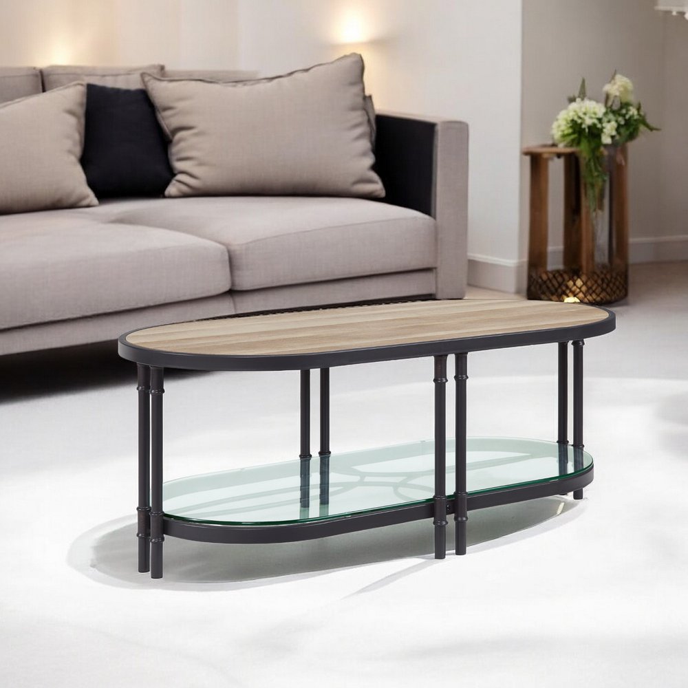 47" Natural Metal Oval Sled Coffee Table With Shelf