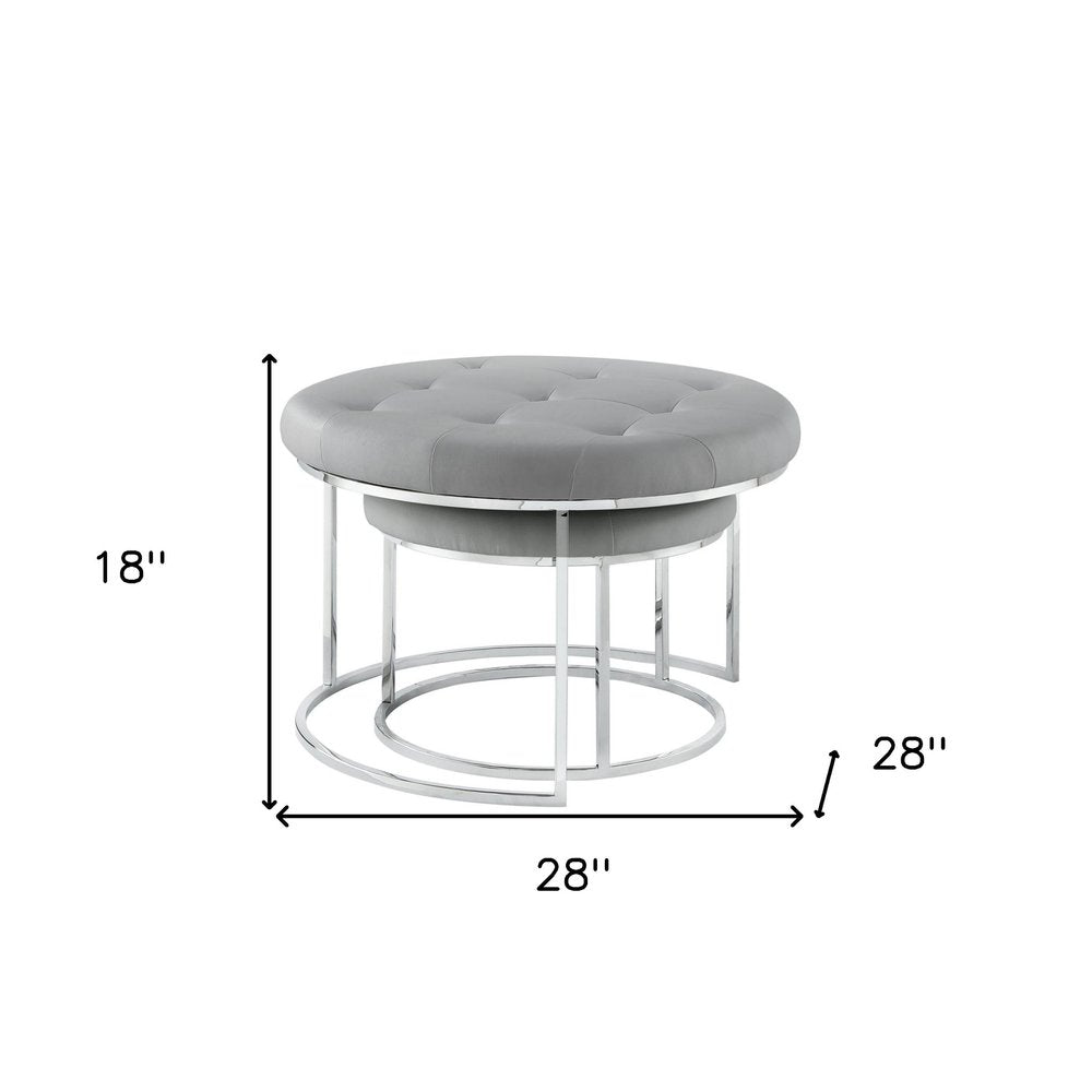 Set of Two Gray Faux Leather and Silver Tufted Round Ottoman