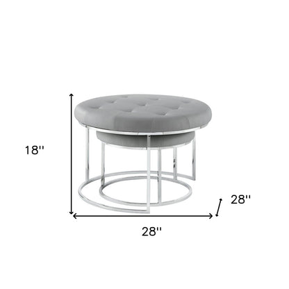 Set of Two Gray Faux Leather and Silver Tufted Round Ottoman