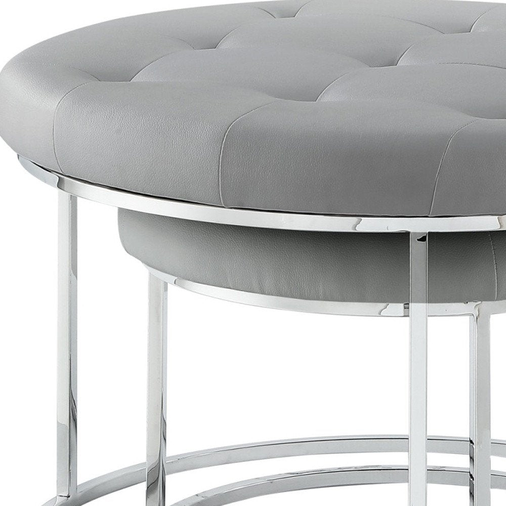 Set of Two Gray Faux Leather and Silver Tufted Round Ottoman