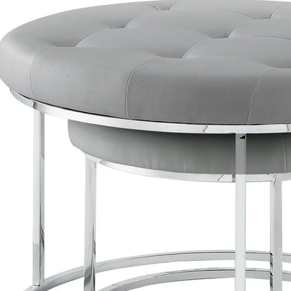 Set of Two Gray Faux Leather and Silver Tufted Round Ottomans