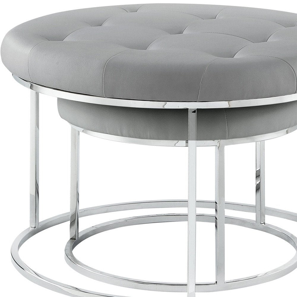 Set of Two Gray Faux Leather and Silver Tufted Round Ottoman