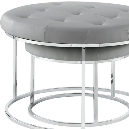 Set of Two Gray Faux Leather and Silver Tufted Round Ottoman