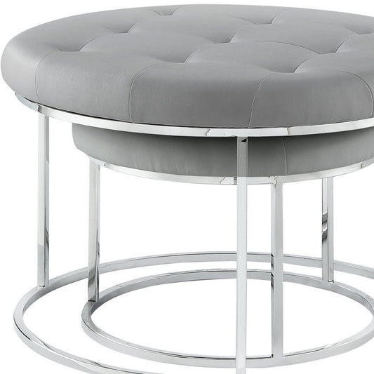 Set of Two Gray Faux Leather and Silver Tufted Round Ottoman
