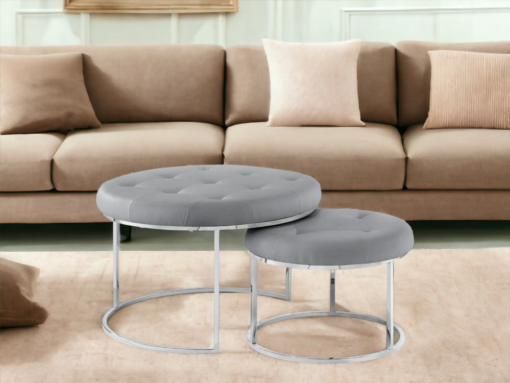 Set of Two Gray Faux Leather and Silver Tufted Round Ottoman